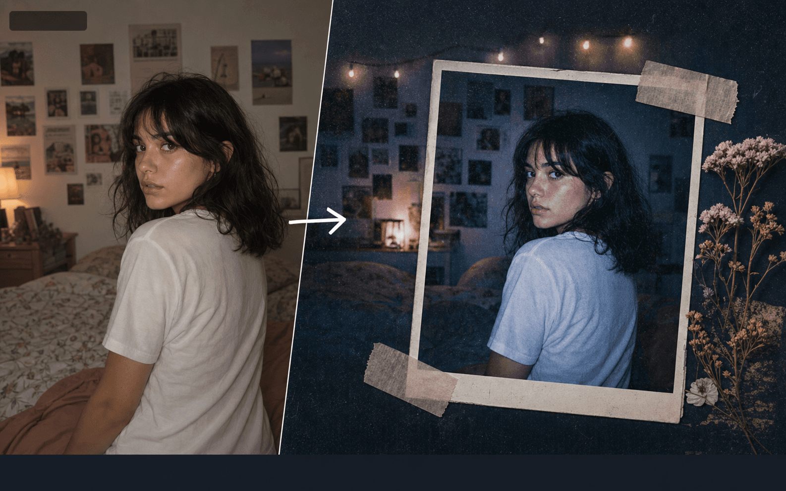 Before-and-after 2016 Tumblr transformation from a natural bedroom portrait to a flash-lit scrapbook image