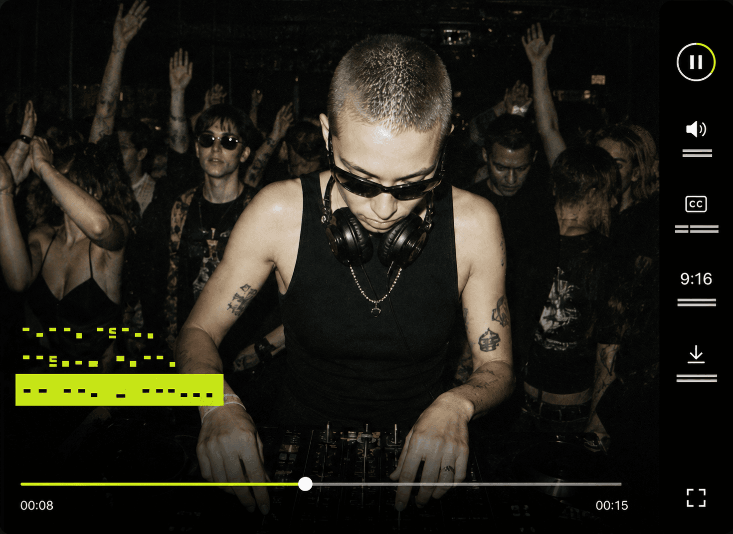 Acid Pop music video visual with a neon-lime DJ scene and high-contrast captions
