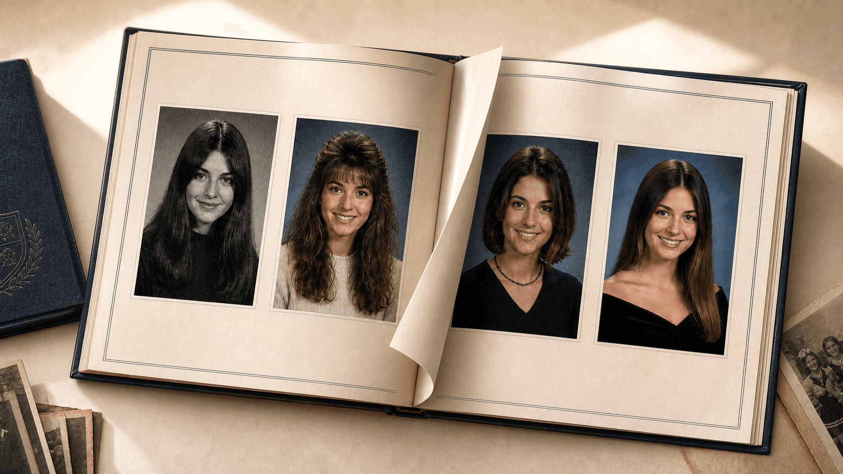 An open yearbook showing portraits across four decades