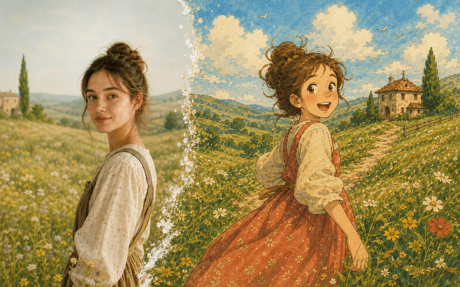 A Ghibli-style painted storybook transformation in a summer meadow