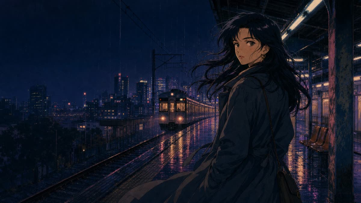Retro anime AI video page with a rainy neon train platform and hand-painted animation texture