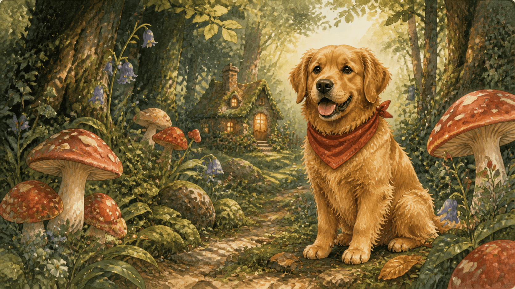A golden retriever in a watercolor mushroom forest