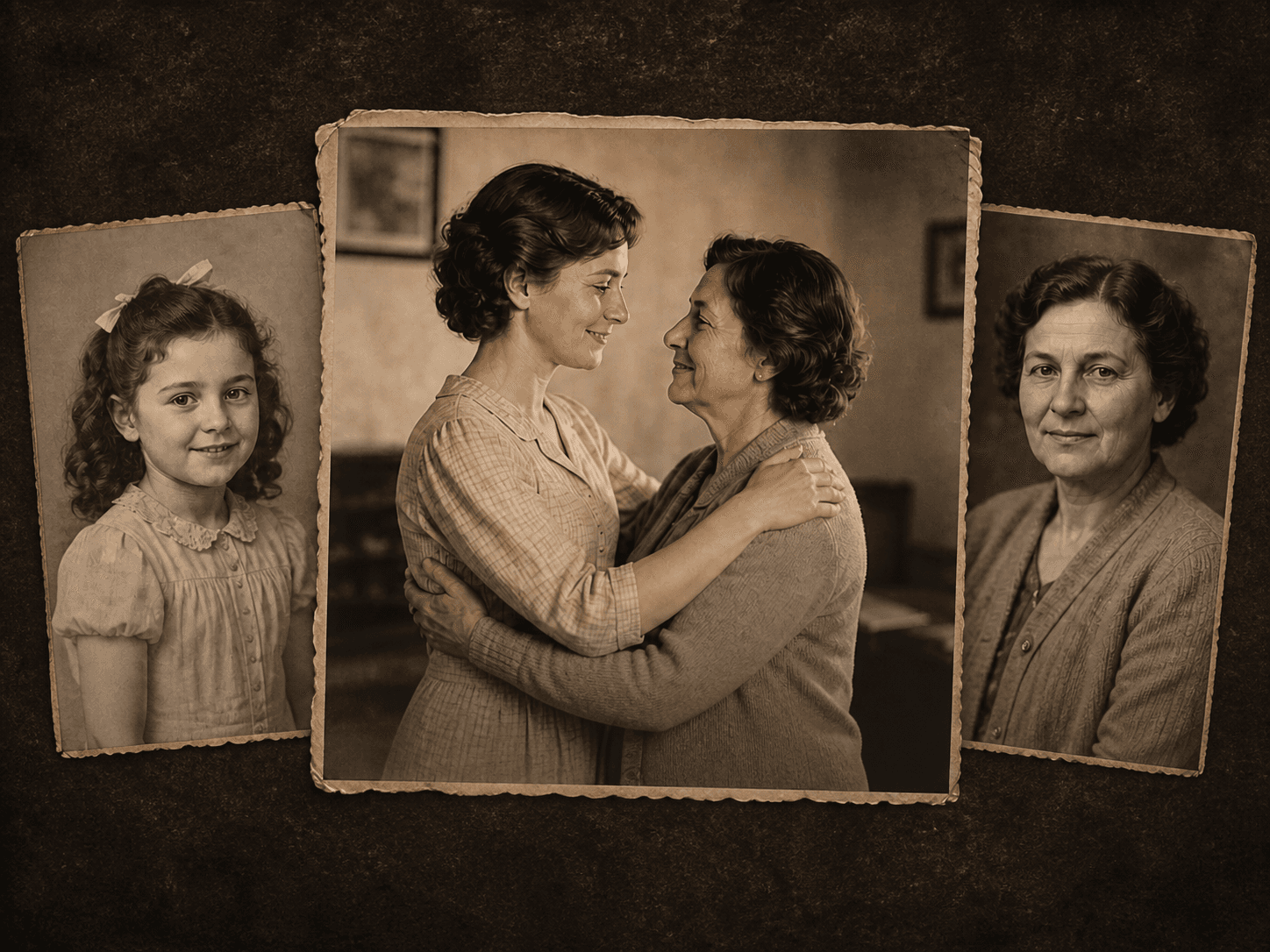 A sepia archival collage of family members reuniting
