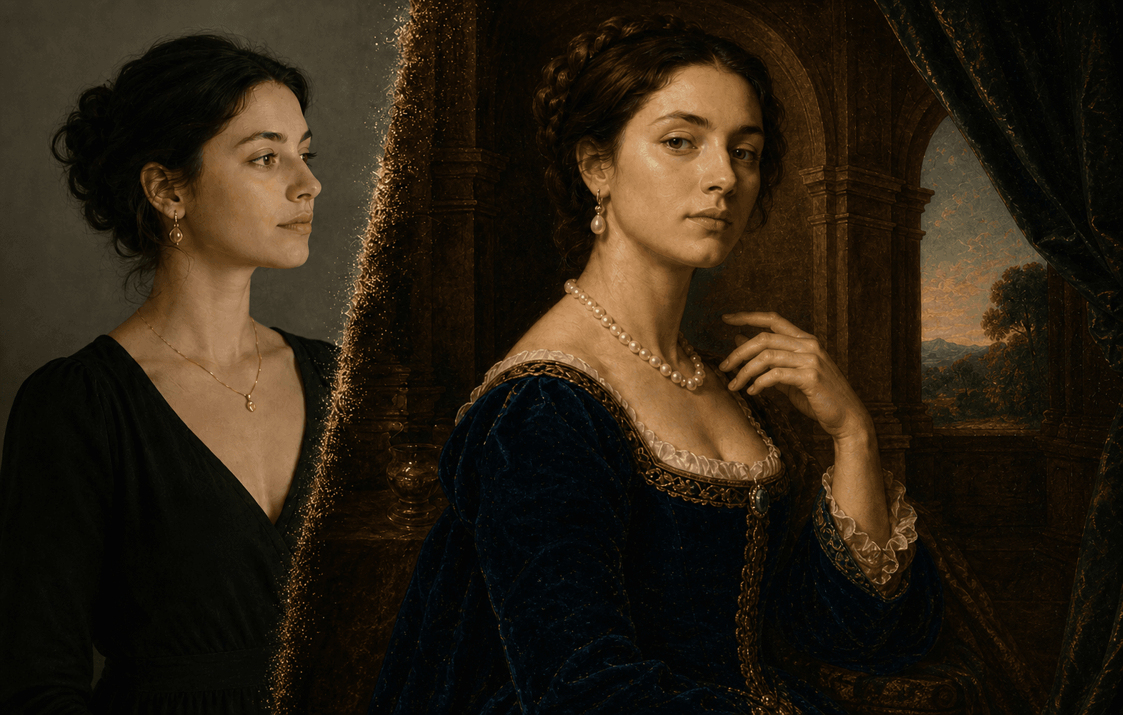 Modern portrait transformed into a Renaissance-inspired oil painting in an ornate museum frame