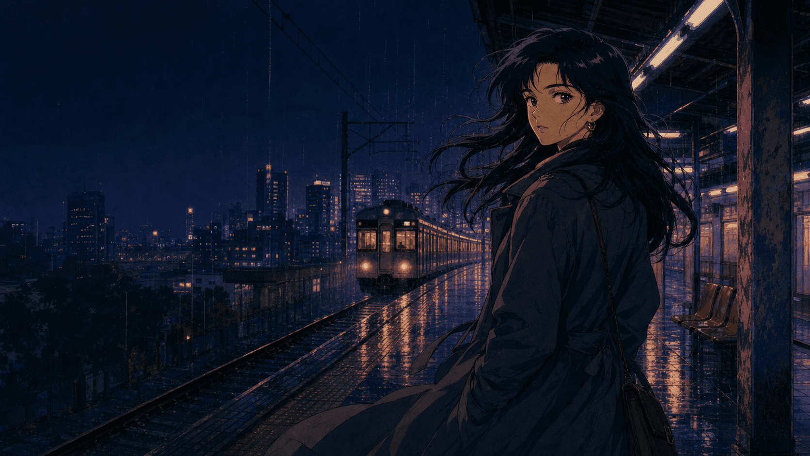 Retro anime AI video page with a rainy neon train platform and hand-painted animation texture
