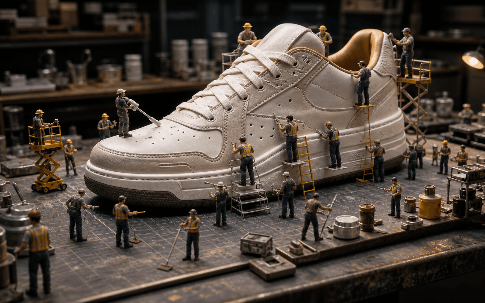 Tiny workers constructing a giant white sneaker in a dark workshop