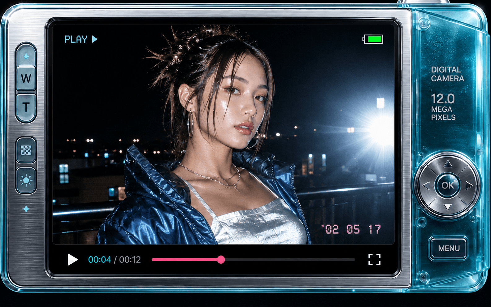 Y2K flash portrait displayed inside a transparent blue digital camera